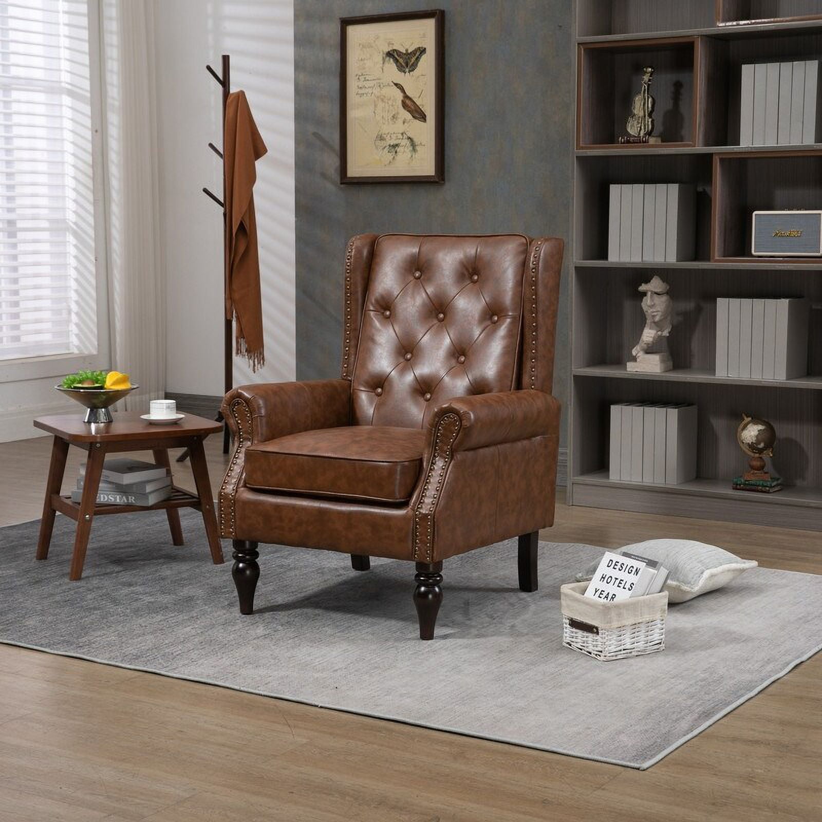 Brown Faux Leather Tufted Accent Chair with Wood Legs