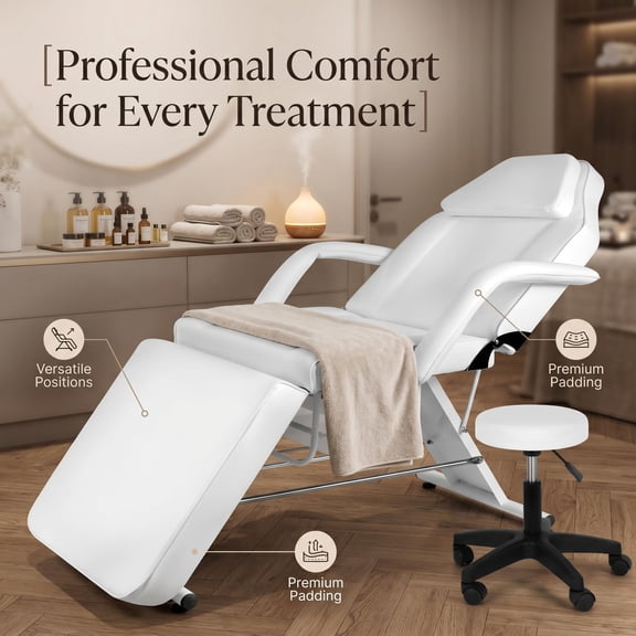 PU Leather Adjustable Tattoo Chair, with Adjustable Rolling Stool, for Salon, Massage, Facial and Beauty Use, Multi-Position Reclining Design with 881 lbs Load Capacity