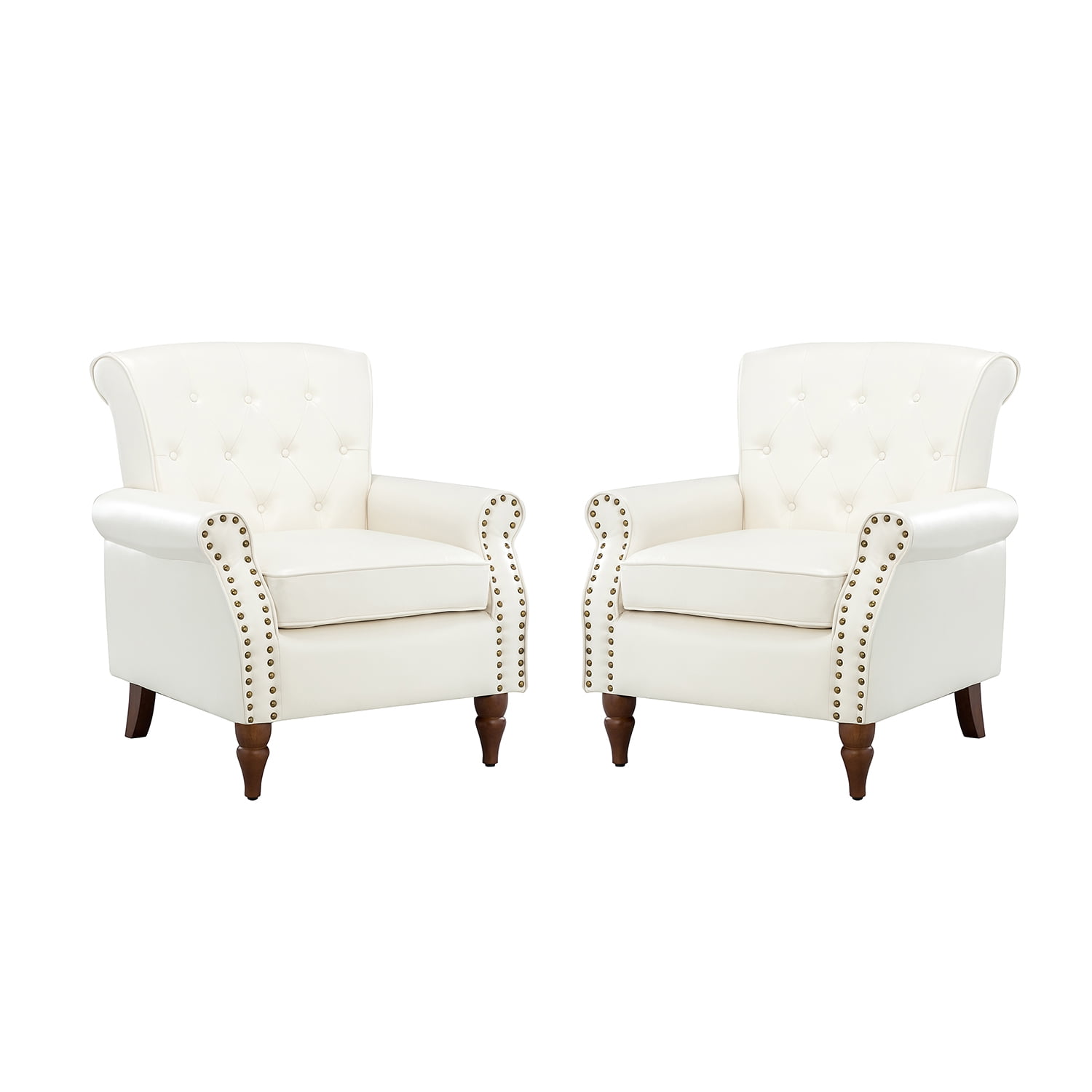 Ivory Faux Leather Accent Chair with Nailhead Trim and Wood Legs