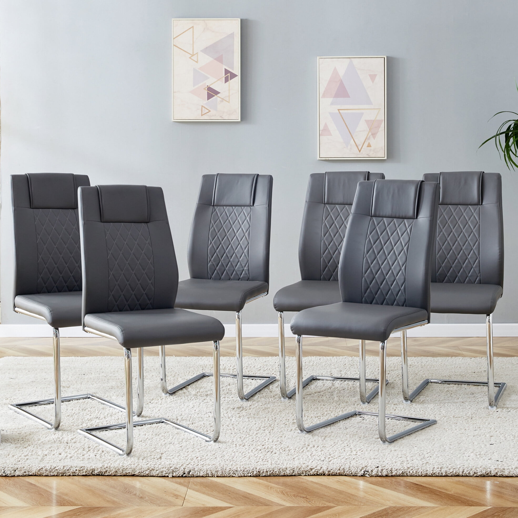 PU Leather Armless Dining Chairs Set of 6, Modern High Back Dining Room