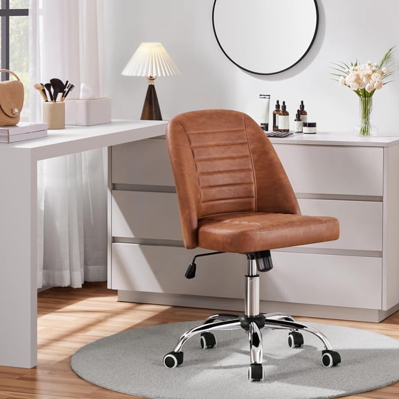 PU Leather Armless Task Office Chair, Modern Tiltable Mid Back Vanity Chair with Rolling Wheels, Metal Base Retro Brown