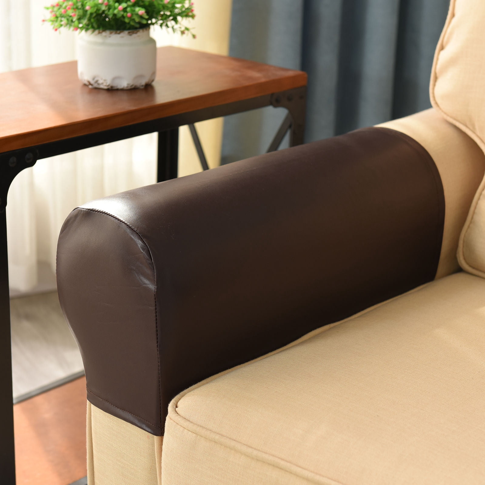 PU Leather Armrest Covers, Stretch Couch Arm Cover Water Resistant Sofa Arm Protector Furniture Protector for Living Room-brown-2 pcs