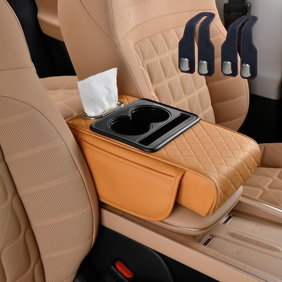 PU Leather Armrest Mat, Center Console Storage Box with Cup Holder