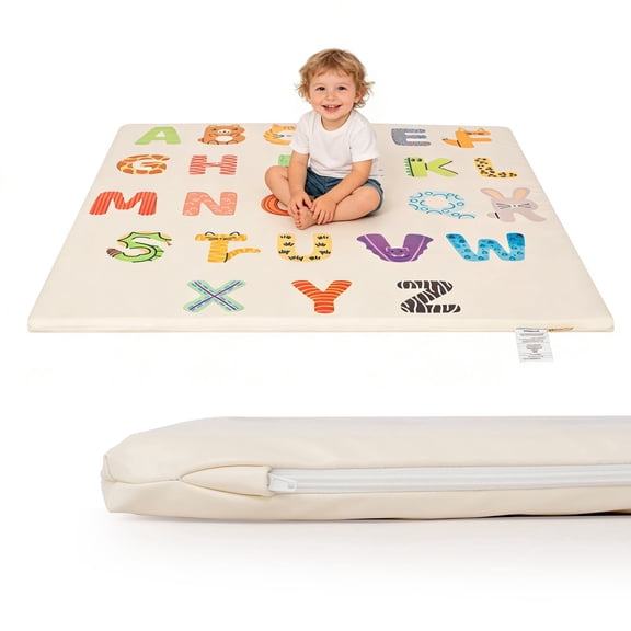 PU Leather Baby Play Mat, 50x50 Thick Foam Cushioned & Waterproof Playpen Mat for Infants and Toddlers (Double-Sided PU, Alphabet)