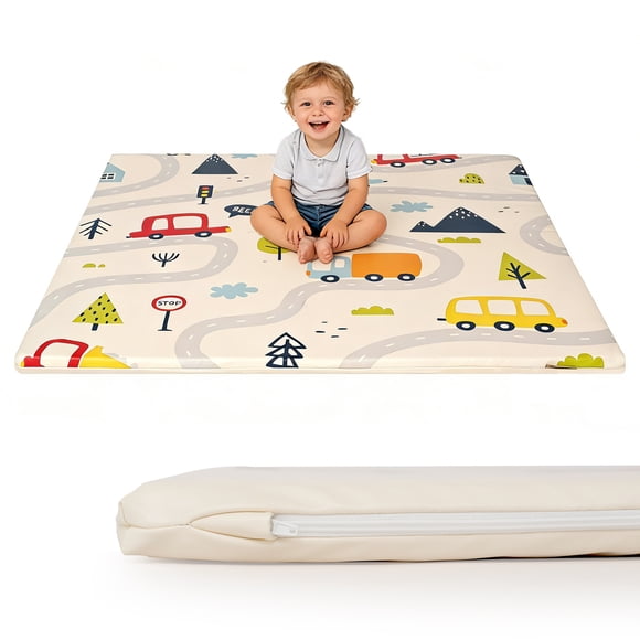 PU Leather Baby Play Mat, 50x50 Thick Foam Cushioned & Waterproof Playpen Mat for Infants and Toddlers (Double-Sided PU, Car)