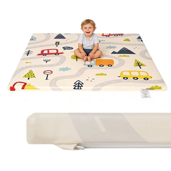 PU Leather Baby Play Mat, 50x50 Thick Foam Cushioned & Waterproof Playpen Mat for Infants and Toddlers (Single-Sided PU, Car)