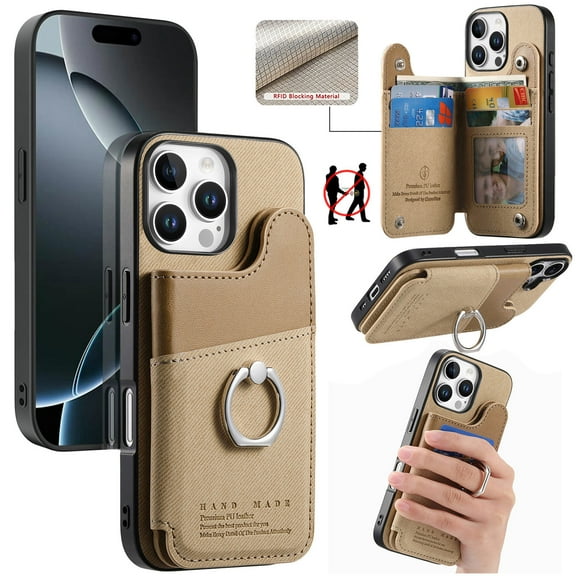 PU Leather Back Cover with RFID Blocking Card Slots Pocket and 360 Rotating Grip Ring Kickstand for iPhone 15 Pro Max, Anti-Scratch Shock-Absorbent Protective Durable Phone Case, Khaki