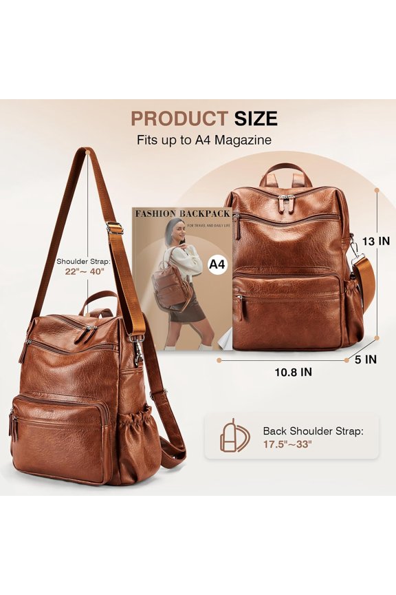 PU Leather Backpack Purse for Women Large Fashion Designer Travel Backpack Ladies Shoulder Bag - Brown
