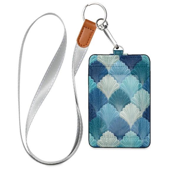 PU Leather Badge Holder ID Badge Holder with Lanyard for Cards & Credentials Blue Fan-shaped Shapes