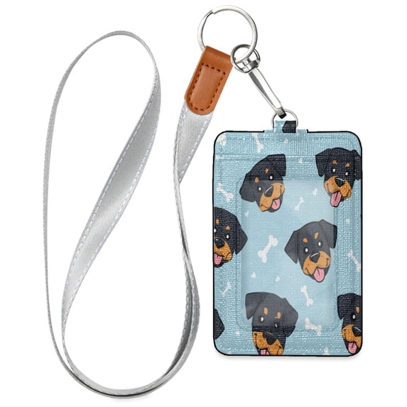PU Leather Badge Holder ID Badge Holder with Lanyard for Cards & Credentials Cartoon Dog Faces and Bones