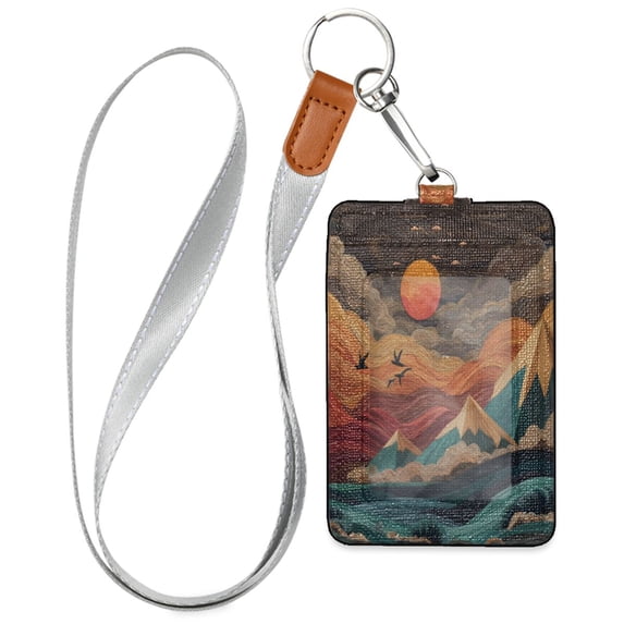 PU Leather Badge Holder ID Badge Holder with Lanyard for Cards & Credentials Colorful Clouds and Mountains