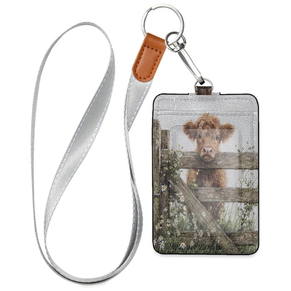 PU Leather Badge Holder ID Badge Holder with Lanyard for Cards & Credentials Cute Highland Cow Peeking