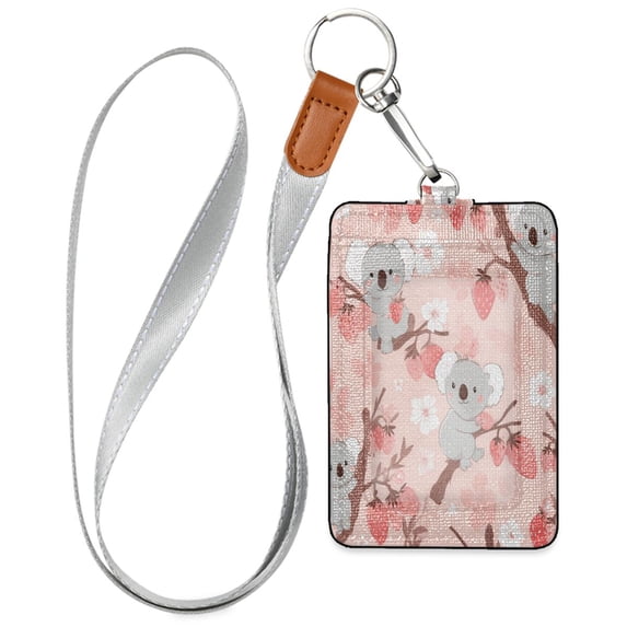 PU Leather Badge Holder ID Badge Holder with Lanyard for Cards & Credentials Koala and Strawberry Pattern