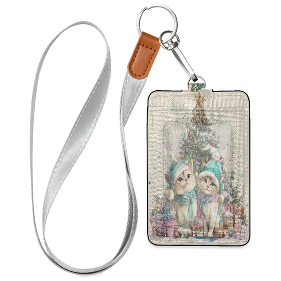 PU Leather Badge Holder ID Badge Holder with Lanyard for Cards & Credentials Merry Cat Christmas Tree