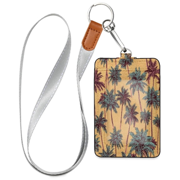 PU Leather Badge Holder ID Badge Holder with Lanyard for Cards & Credentials Palm Trees Pattern