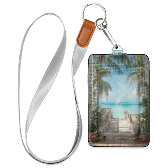 PU Leather Badge Holder ID Badge Holder with Lanyard for Cards & Credentials Palm Trees and Ocean