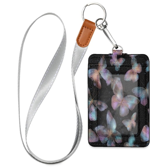 PU Leather Badge Holder ID Badge Holder with Lanyard for Cards & Credentials Pink and Cyan Butterflies