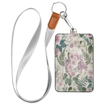 PU Leather Badge Holder ID Badge Holder with Lanyard for Cards & Credentials Retro Pink Flowers Pattern