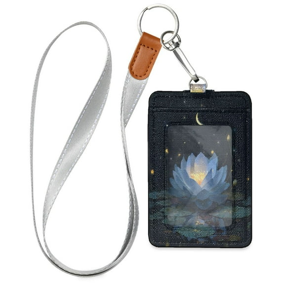 PU Leather Badge Holder ID Badge Holder with Lanyard for Cards & Credentials Serene Blue Lotus Flower