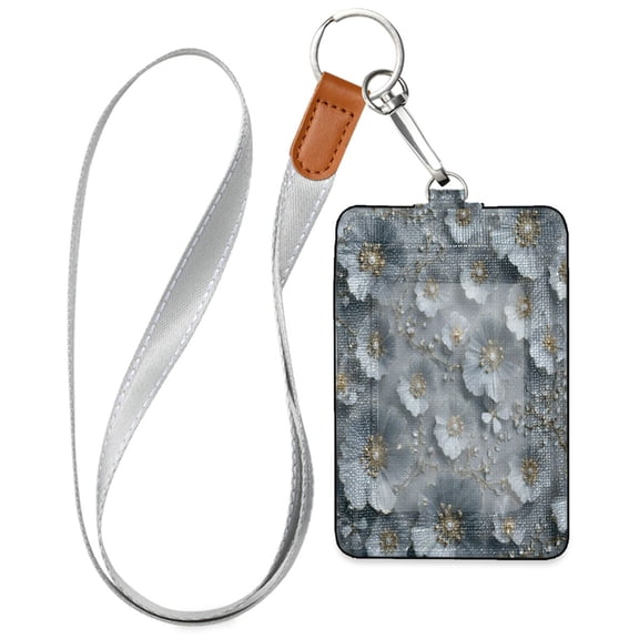 PU Leather Badge Holder ID Badge Holder with Lanyard for Cards & Credentials Silver Flowers Pattern
