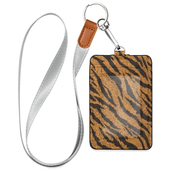 PU Leather Badge Holder ID Badge Holder with Lanyard for Cards & Credentials Tiger Stripes Pattern