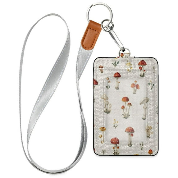 PU Leather Badge Holder ID Badge Holder with Lanyard for Cards & Credentials Watercolor Mushrooms Pattern