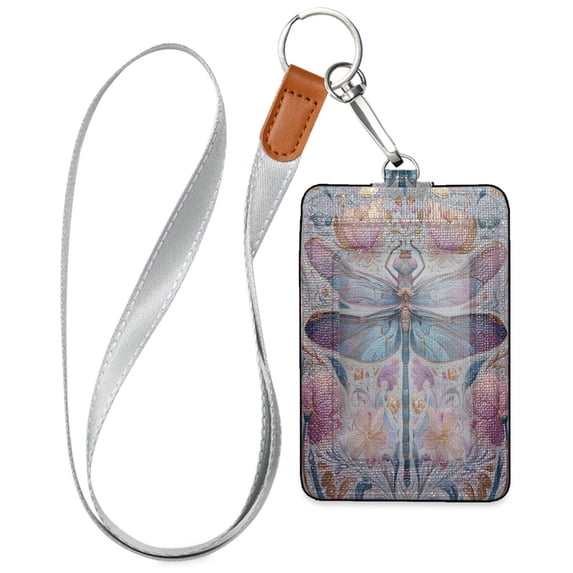 PU Leather Badge Holder ID Badge Holder with Lanyard for Cards & Credentials Watercolor Ornate Dragonfly
