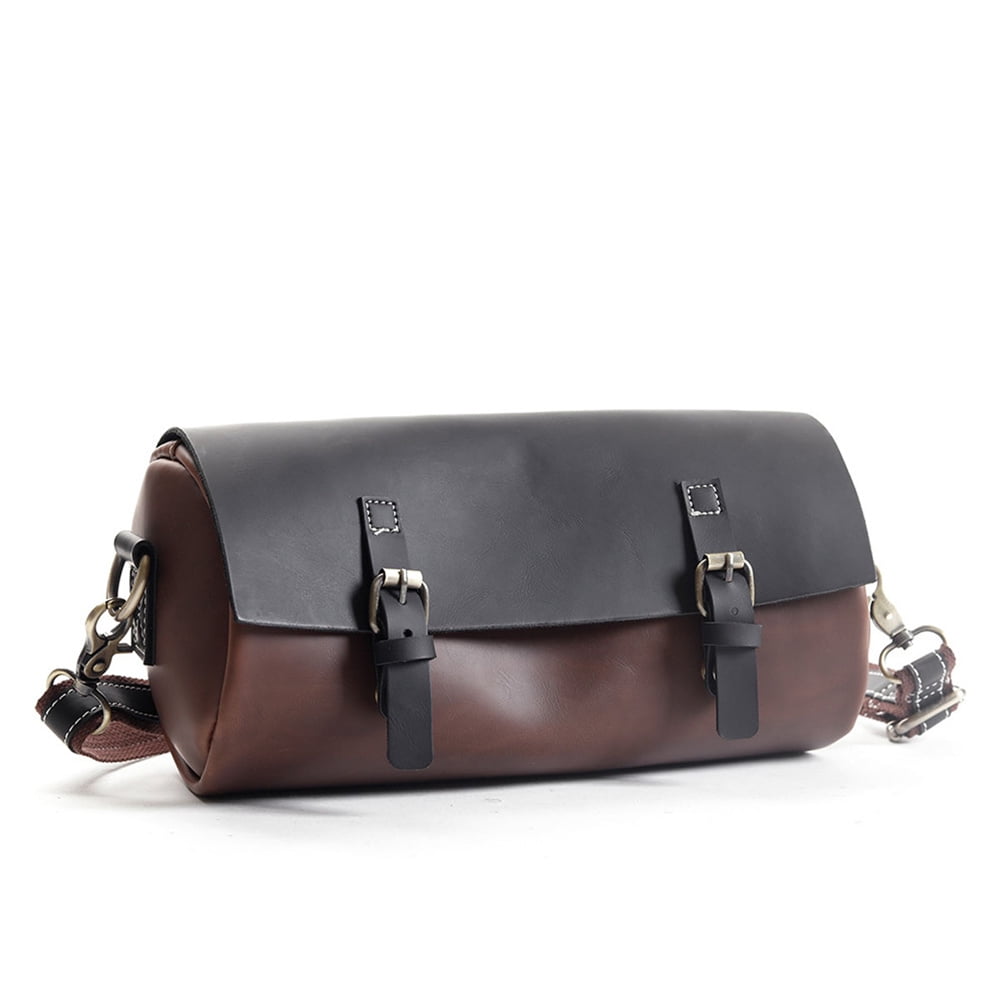 PU Leather Bags Men Training Travel Shoulder Bag Round Bucket Bag Coffee