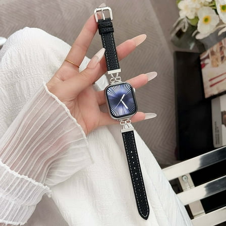 PU Leather Band Compatible with Apple Watch Bands for Women Girls, Metal Dressy Fancy Strap for iWatch Series 10/9/8/7/6/5/4/3/2/1/SE/Ultra, for Apple Watch 42(Series 1/2/3)/44/45/46/49mm, Black