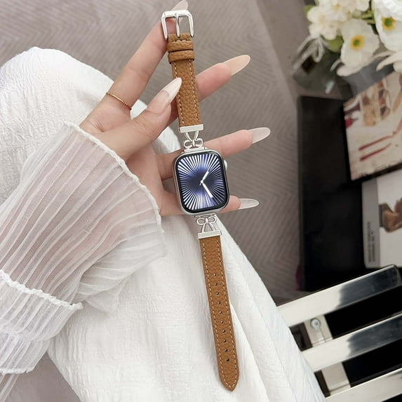 PU Leather Band Compatible with Apple Watch Bands for Women Girls, Metal Dressy Fancy Strap for iWatch Series 10/9/8/7/6/5/4/3/2/1/SE/Ultra, for Apple Watch 42(Series 1/2/3)/44/45/46/49mm, Brown