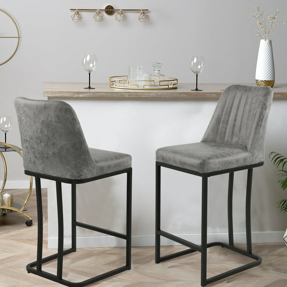 PU Leather Bar Stool Gray Modern Comfortable Bar Stools with Backrest，Set of 2