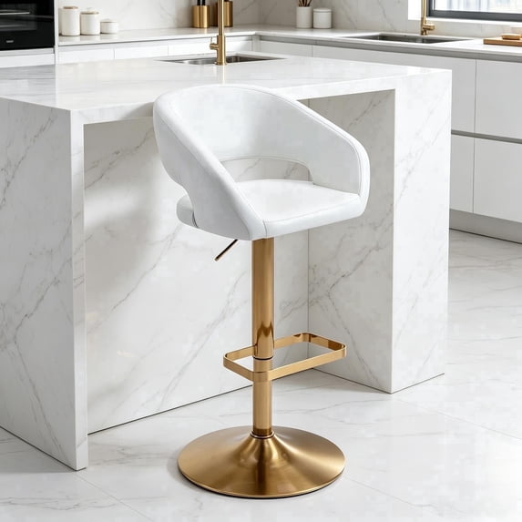 PU Leather Bar Stools, Adjustable Height 24."-32.25, Swivel Barstools with Back & Footrest, Upholstered Bar Chairs for Kitchen Island, Dining Room, Home Bar (White, Gold Base)