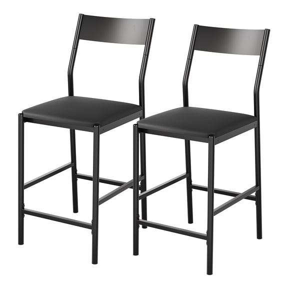 PU Leather Bar Stools Set of 2, Modern Counter Height Chairs with Curved Flat Iron Backrest & Footrest, 300 Lbs Capacity, Iron Tube Frame Kitchen Island Bar Stools, Black