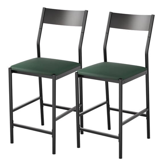 PU Leather Bar Stools Set of 2, Modern Counter Height Chairs with Curved Flat Iron Backrest & Footrest, 300 Lbs Capacity, Iron Tube Frame Kitchen Island Bar Stools, Dark Green
