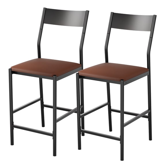 PU Leather Bar Stools Set of 2, Modern Counter Height Chairs with Curved Flat Iron Backrest & Footrest, 300 Lbs Capacity, Iron Tube Frame Kitchen Island Bar Stools, Brown