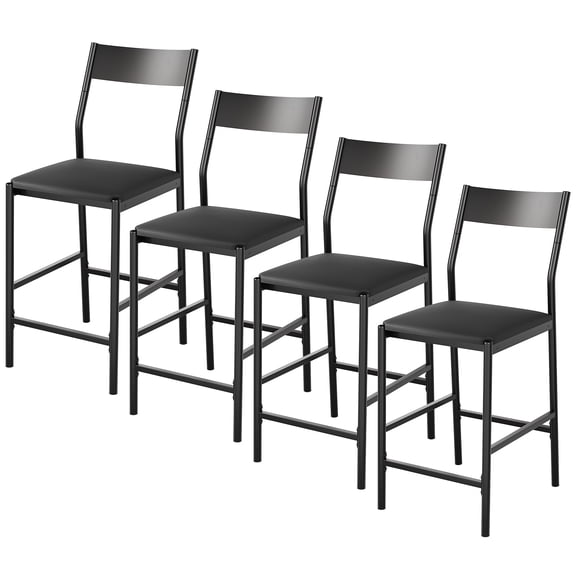 PU Leather Bar Stools Set of 4, Modern Counter Height Chairs with Curved Flat Iron Backrest & Footrest, 300 Lbs Capacity, Iron Tube Frame Kitchen Island Bar Stools, Black