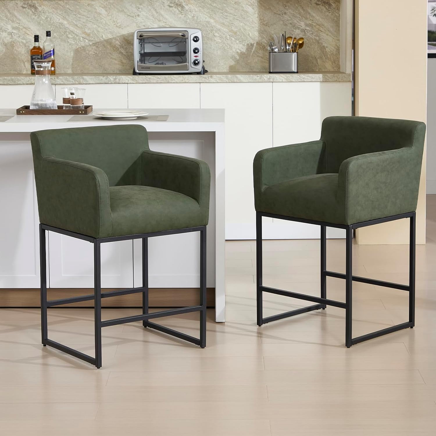 PU Leather Bar Stools Set of 4, 26" H Counter Height Barstools with ...