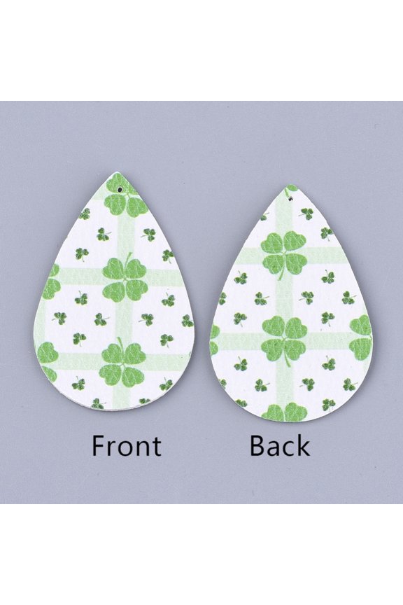 PU Leather Big Pendants teardrop with Clover Pattern Irish Charms Lime Green 56x37x1.5mm Hole: 1.2mm