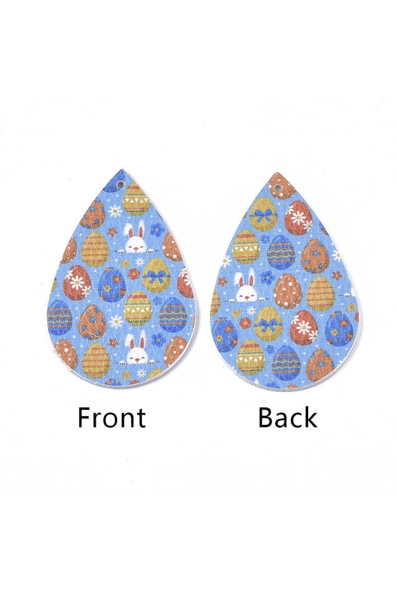 PU Leather Big teardrop with Bunny Pendants Easter Theme with Rabbit and Egg Pattern Light Blue 55x35x2mm Hole: 2mm