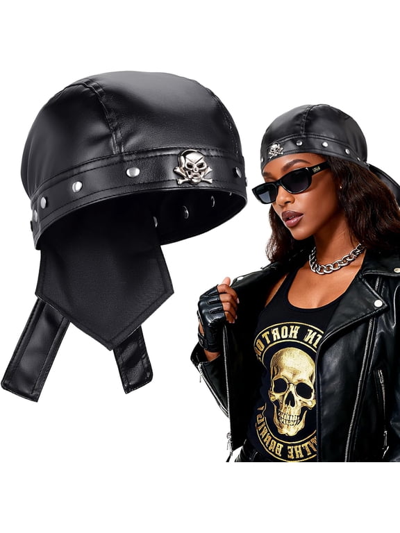PU Leather Biker Skull Cap Classic Fashion Leather Biker Hat, Gothic Leather Bandana Unisex Motorcycle Cap, Fits 18-23inch