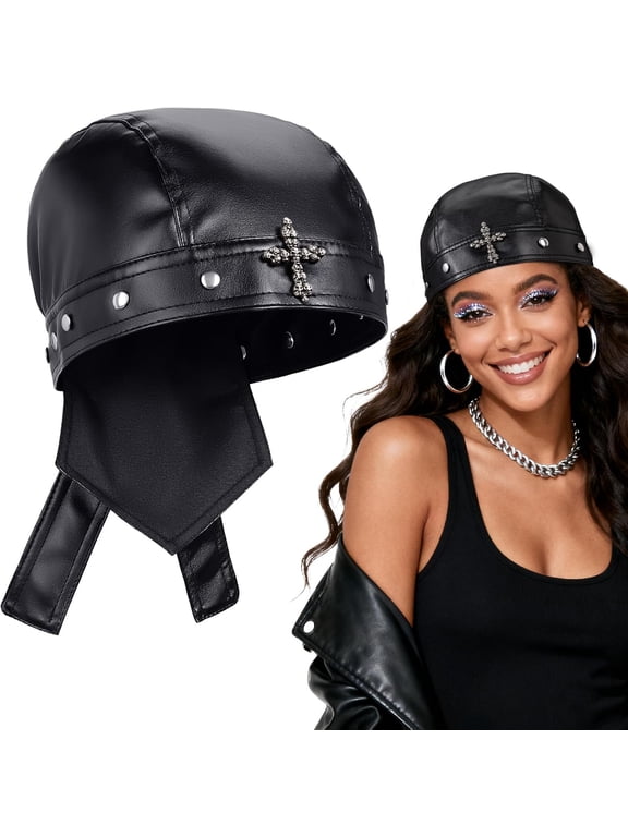 PU Leather Biker Skull Cap Classic Fashion Leather Biker Hat, Gothic Leather Bandana Unisex Motorcycle Cap, Fits 18-23inch