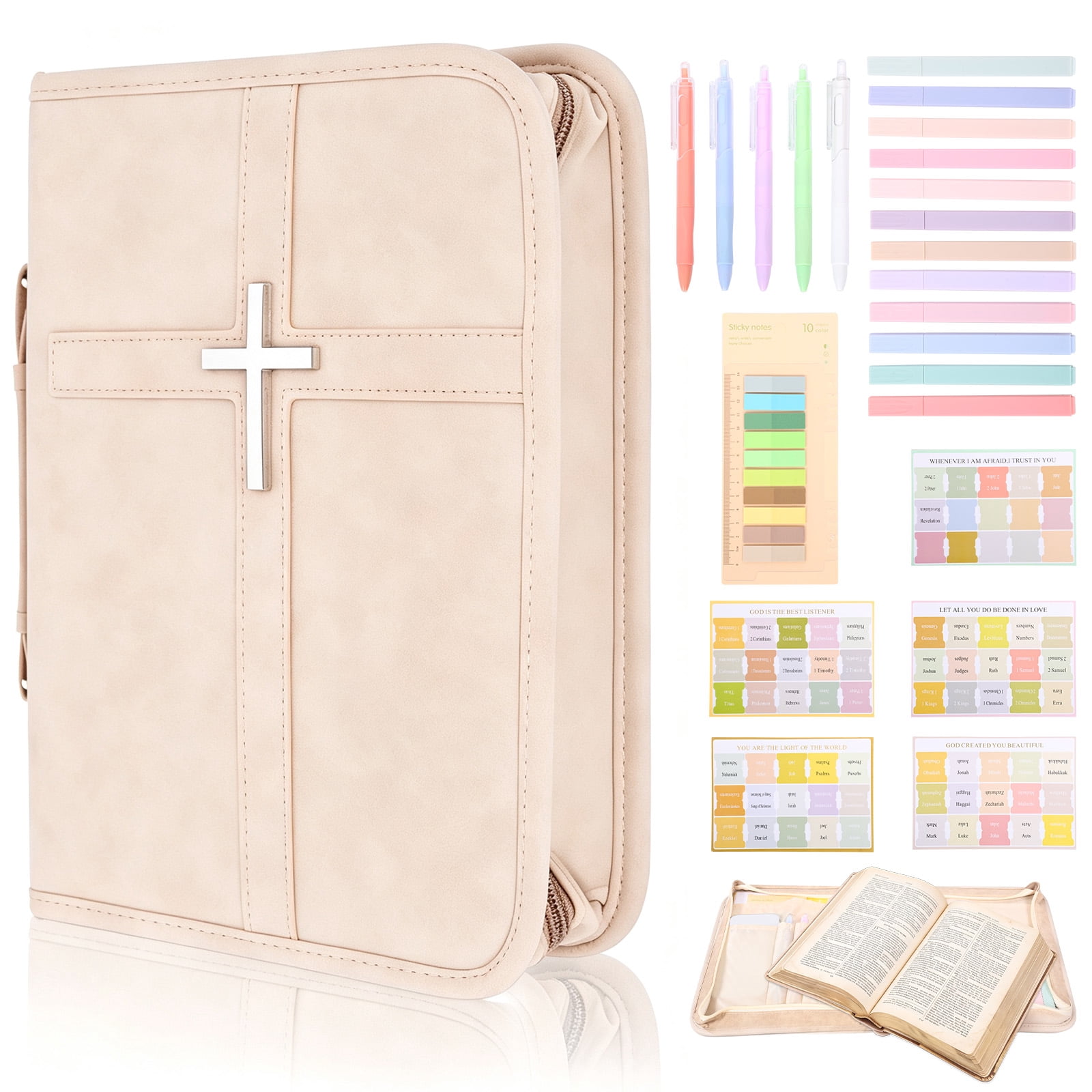 PU Leather Book Cover Case Off-White with Cross Design, Book Organizer ...