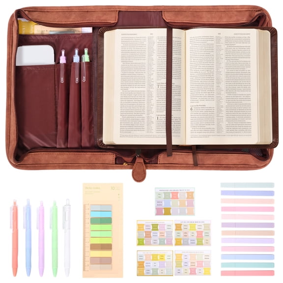 PU Leather Book Cover Case with Cross Design Book Organizer Bag with Phone Pocket and Handle for Men Women (Brown or Beige or Black)
