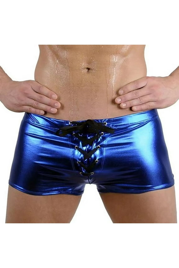 PU-Leather Boxer Briefs for Men with Drawstring Low Waisted Underwear Mens Trendy Solid Color Stretchy Slim Nightclub Party Boxers