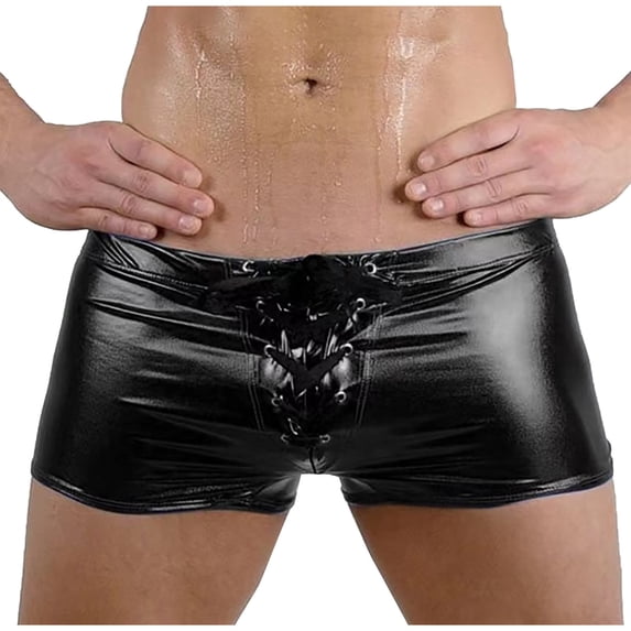 PU-Leather Boxer Briefs for Men with Drawstring Low Waisted Underwear Mens Trendy Solid Color Stretchy Slim Nightclub Party Boxers