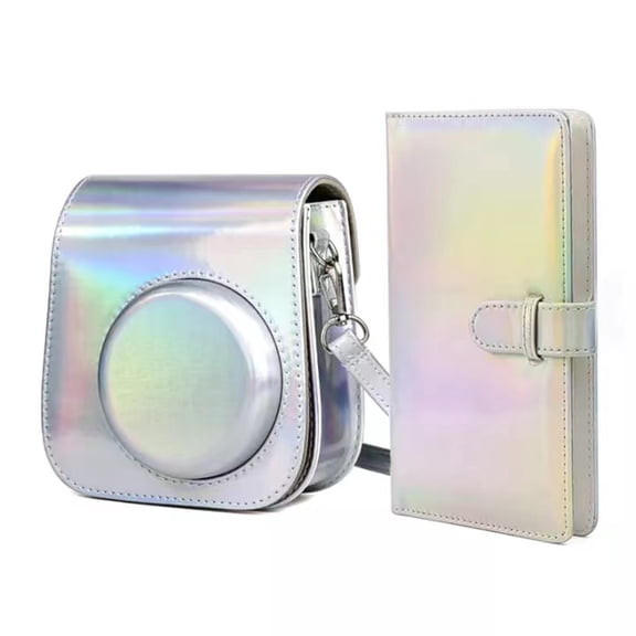 PU Leather Camera Carry Case with 108 Photo Album Camera Protective Case Removable&Adjustable Strap Solid Color for Fujifilm Instax Mini 12/11 Photography Gift (Silver)