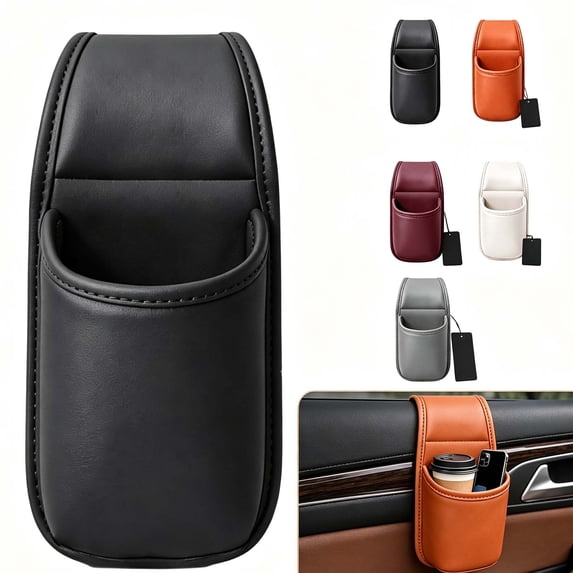 PU Leather Car Door Cups Holder, Window Hanging Organize, Portable Cup Holder for Vehicle Storage, Slim Pocket for Drinks and Phone, Interior Accessory for Daily Commute _ Black