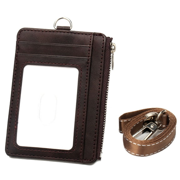 PU Leather Card Holder Wallet Cash Purse with Blocking Protecting and Zippered Pocket Neck Strap for Cash and Card