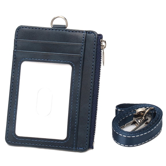PU Leather Card Holder Wallet Cash Purse with Blocking Protecting and Zippered Pocket Neck Strap for Cash and Card