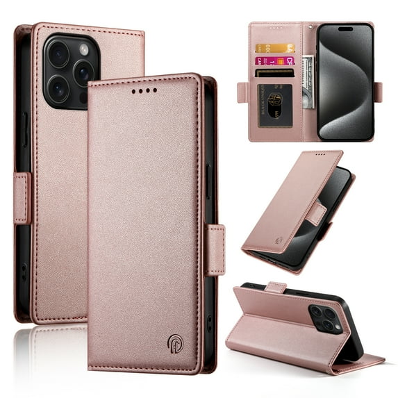 PU Leather Case Compatible with iPhone 12/12 Pro, Classic Kickstand/Cover/Wallet/Flip Magnetic Protective Case with Card Slots & Horizontal Stand Phone Case for iPhone 12/12 Pro, Rosegold